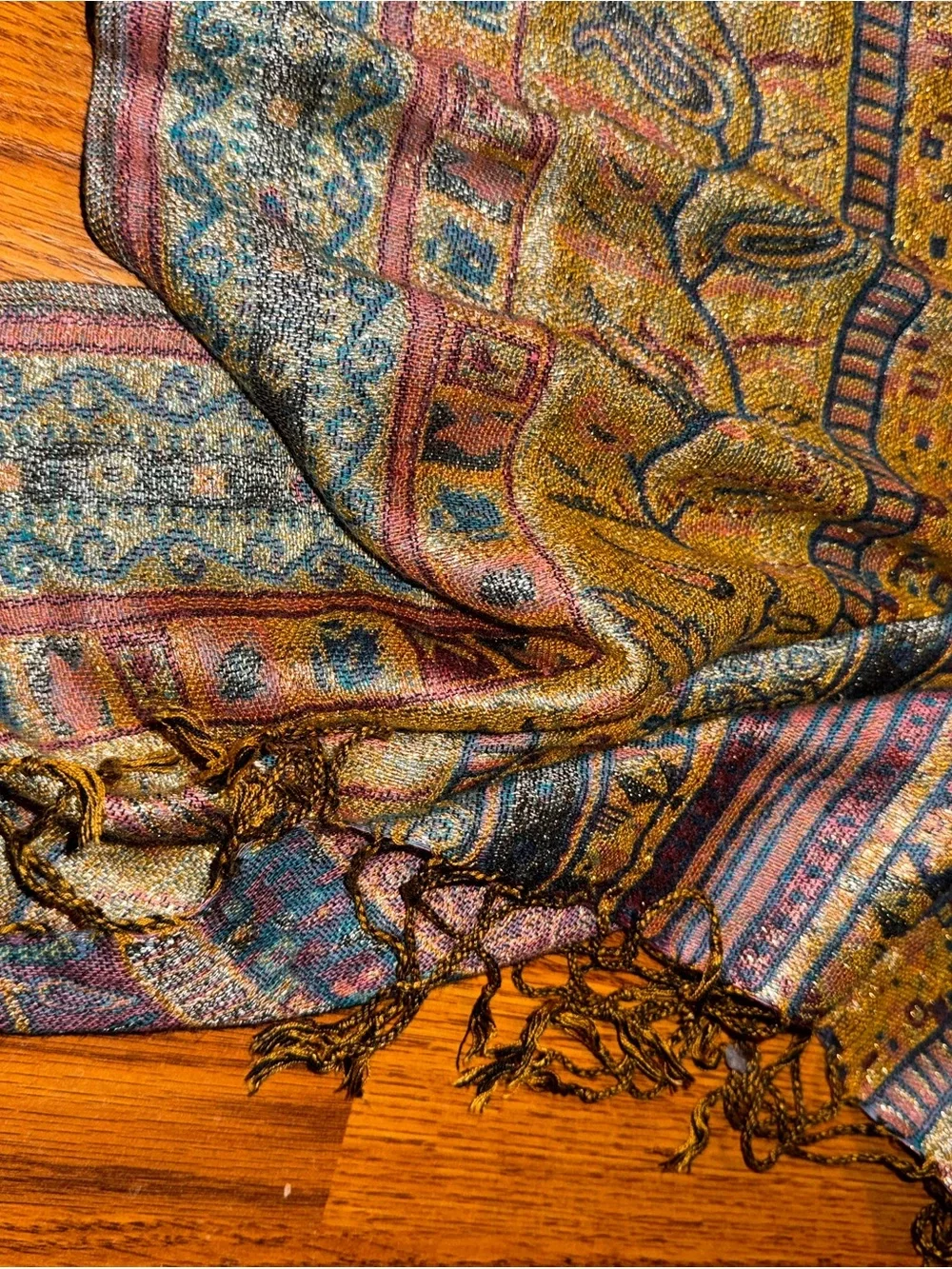 pashmina Multicolor Paisley Fringe Wrap in Gold, Teal, Rust 100% Pashima